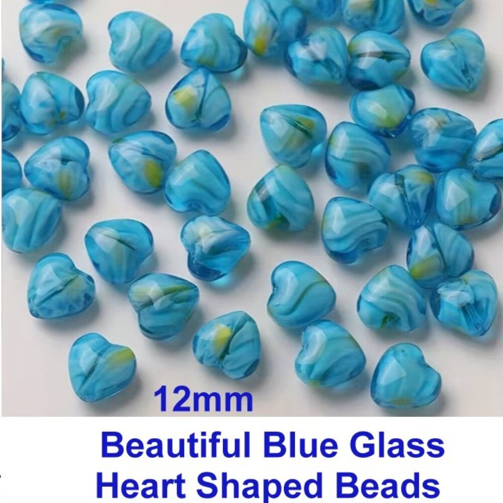 Beautiful Blue Glass Heart Shaped Beads  30 Pieces  12mm
